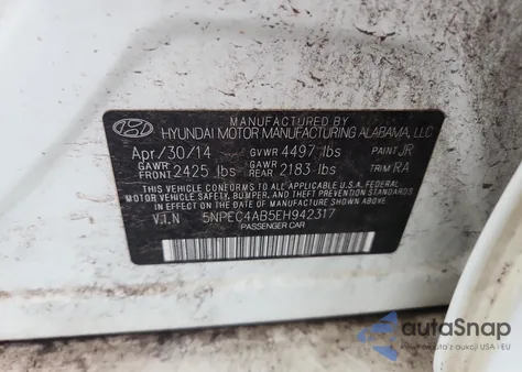 2014 Hyundai Sonata Se z USA, uszkodzony, nr VIN 5NPEC4AB5EH942317